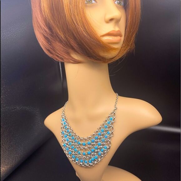 16” with 2” extender chain silver-tone chain with faux turquoise “bib” set - Picture 1 of 5